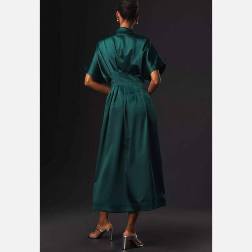 Anthropologie The Tobie Satin Shirt Dress by Exquise Rainforest Green Size M NWT - Picture 4 of 6